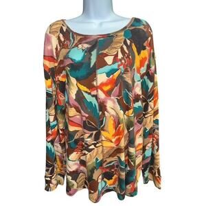 Westbound Woman 3X Top Brown Orange Fall Leaf Floral Cotton Rayon Woven Stretch